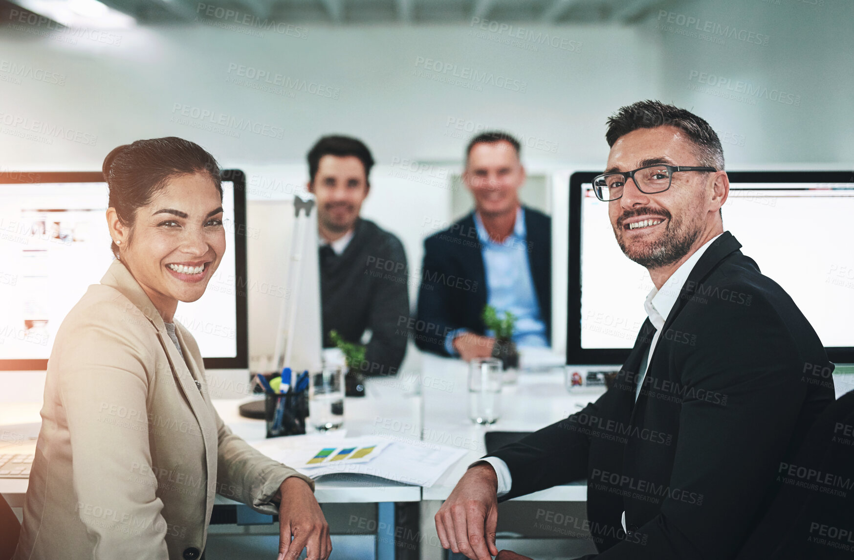 Buy stock photo Woman, men and portrait in office with computer, documents and teamwork with diversity, chart or planning. People, paperwork and happy by pc for review, meeting and discussion at corporate agency