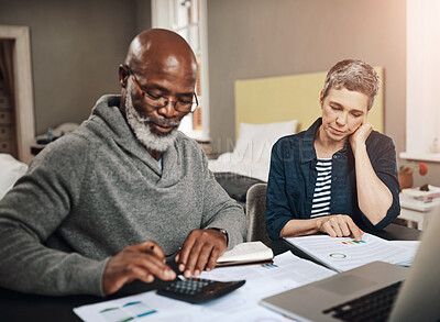 Buy stock photo Mature couple, accounting and document for planning finance, retirement funding and investment or asset management at home. Budget, elderly man and woman with information, writing and pension savings