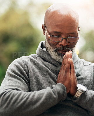 Buy stock photo God, nature and senior man with praying for religious healing, support and praise to Jesus. Retirement, peace and elderly person with prayer in park for religion, hope and guidance in Holy Spirit