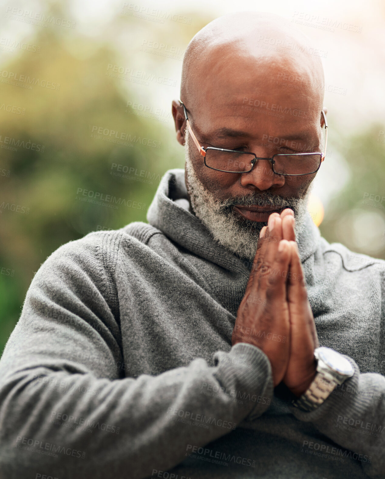 Buy stock photo God, nature and senior man with praying for religious healing, support and praise to Jesus. Retirement, peace and elderly person with prayer in park for religion, hope and guidance in Holy Spirit