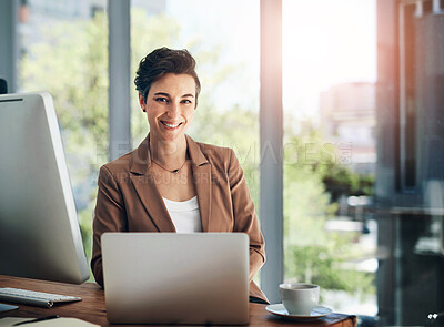 Buy stock photo Laptop, monitor and portrait of woman in office for business research, plan and communication. Happy, developer and person with multimedia at desk for programming, digital network and connectivity