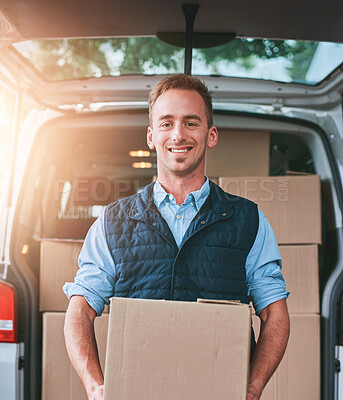 Buy stock photo Delivery man, smile and outdoor with boxes, portrait and transport of vehicle to load packages and cargo. Happiness, face and person with cardboard, shipping and truck for logistics and ecommerce