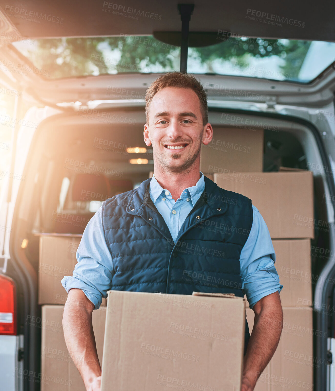 Buy stock photo Delivery man, smile and outdoor with boxes, portrait and transport of vehicle to load packages and cargo. Happiness, face and person with cardboard, shipping and truck for logistics and ecommerce