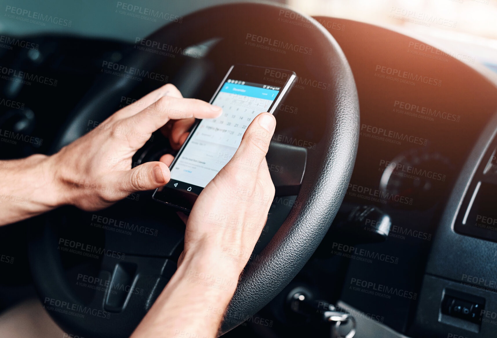 Buy stock photo Car, phone and hands of person with calendar for schedule, appointment and reminder. Business, transportation and driver on smartphone for mobile app, planning and online diary on road for travel