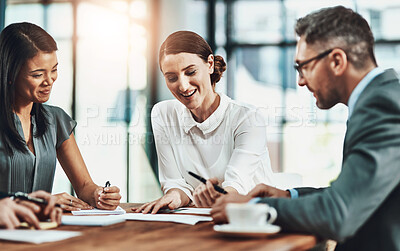 Buy stock photo Business, people and contract for partnership in meeting, paperwork signature and agreement of legal policy. Women, man and documents for compliance report, client investment and negotiation proposal