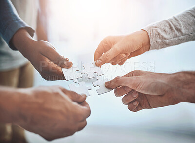 Buy stock photo People, hands and puzzle together for teamwork, problem solving and collaboration on company project. Group, merger and community for solidarity or unity with partnership, synergy and work support