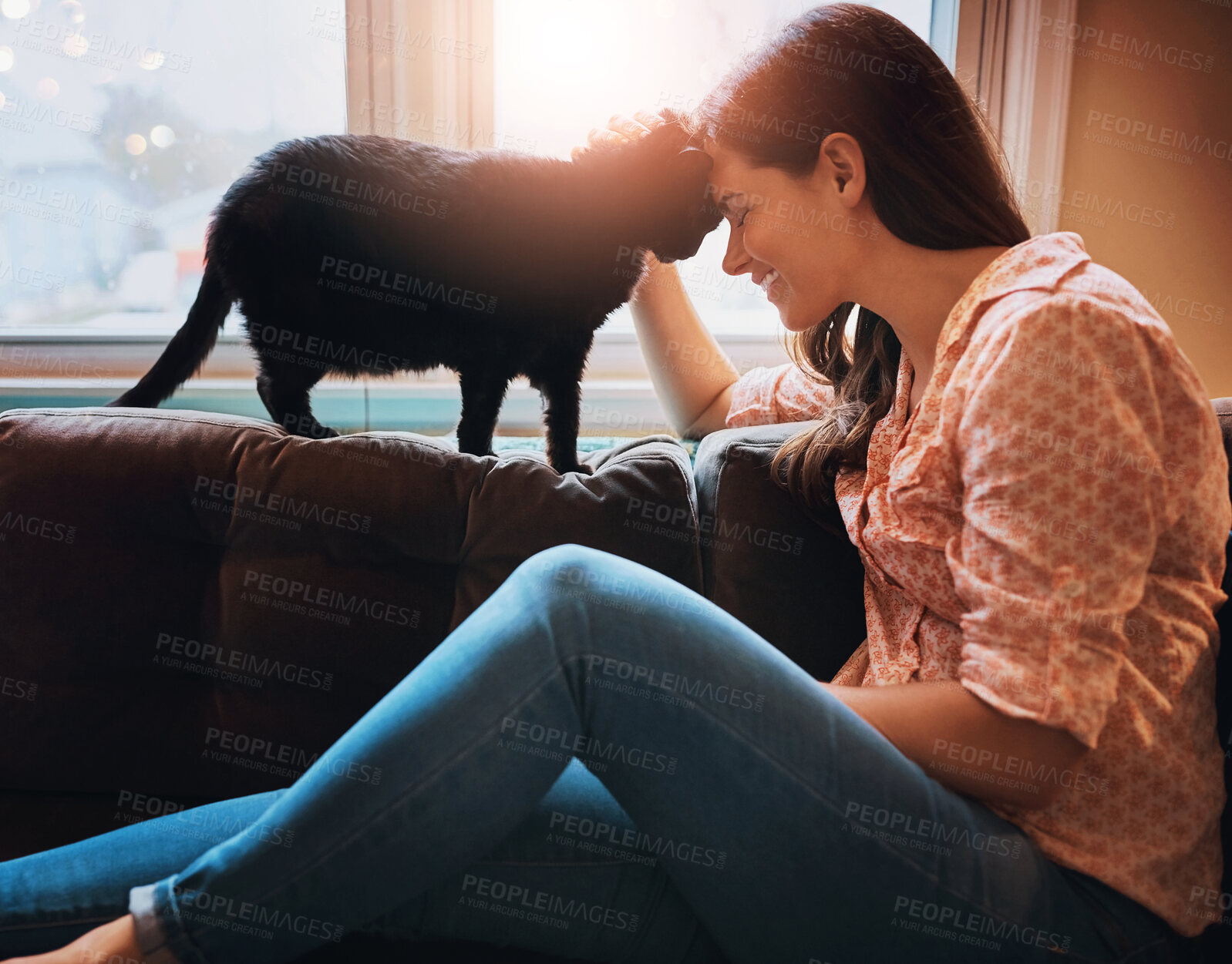 Buy stock photo Woman, love and cat on sofa at house with animal bonding, care and relax or fluffy friend for petting massage. Smile, female owner and kitten pet with stroke, hug and affection in living room