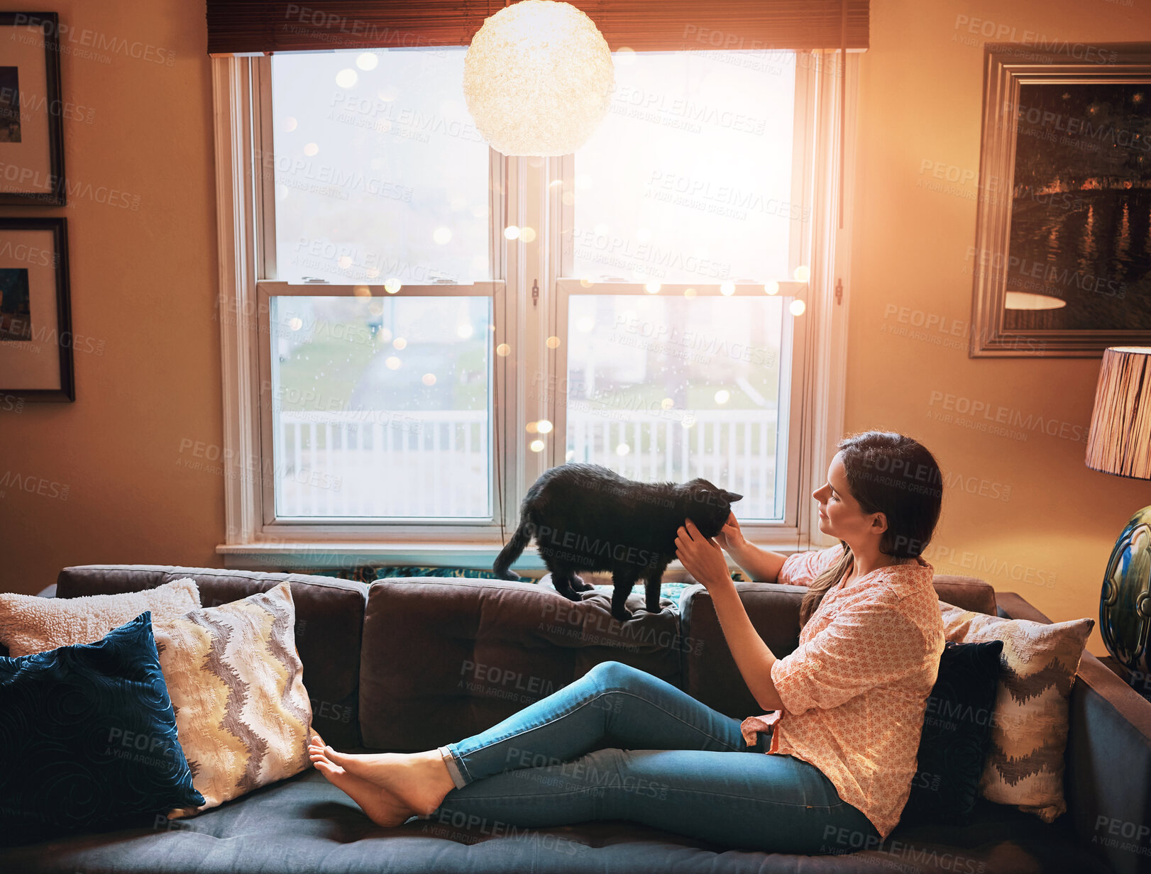 Buy stock photo Woman, relax and stroke cat in home for love, scratch and domestic animal for companion or loyalty. Female person, pet care and peace in living room or friendly rescue for adoption, sofa and support