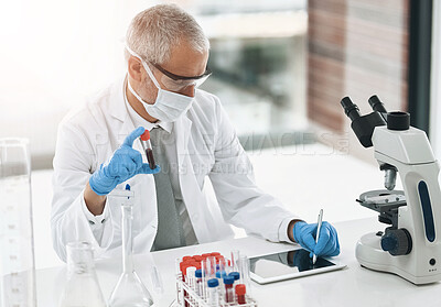 Buy stock photo Blood test, man and scientist with tablet, research and writing of medicine, digital and tube for experiment. Lab, science and coat for professional and mature person with microscope for report