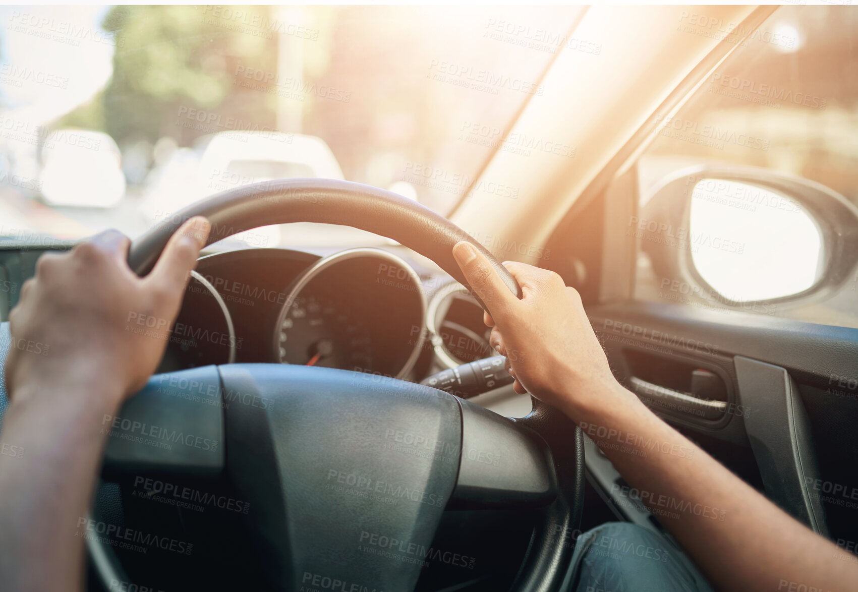 Buy stock photo Hands, person and steering wheel of car to drive, travel and road trip for outdoor driving on transportation direction. Drive, ride and vehicle for motor, auto and windshield for adventure in city