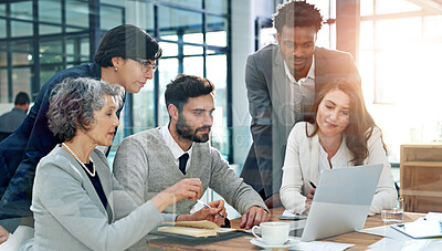 Buy stock photo Laptop, video call and business people in meeting at office with notes for budget information. Teamwork, virtual discussion and financial advisors in webinar for stock market investing on computer.