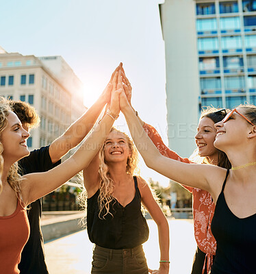 Buy stock photo City, high five and smile with woman friends outdoor together for motivation, support or unity. Community, energy and love with group of happy people in urban town for bonding, mission or solidarity