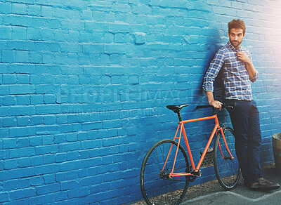 Buy stock photo Man, wall and thinking with bicycle in city for mockup space for travel, journey or direction on sidewalk. Person, bike and cycling for eco friendly commute on metro street for transport in Amsterdam