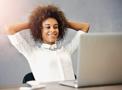 Buy stock photo Happy, woman and relax with laptop in office for creative company, career and pride in hard work. Journalist, smile and stretching by technology on break for editing, success and done with article