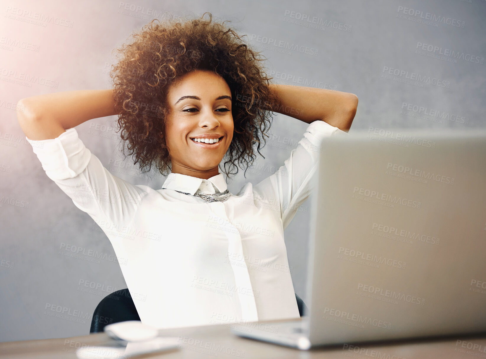 Buy stock photo Happy, woman and relax with laptop in office for creative company, career and pride in hard work. Journalist, smile and stretching by technology on break for editing, success and done with article