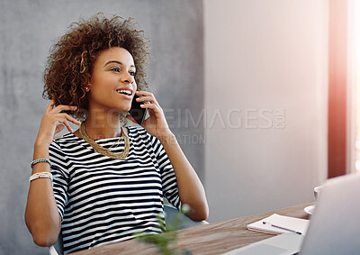 Buy stock photo Business, woman and talking on phone call in office, creative agency and communication on smartphone with connection. Online, deal negotiation and mobile app, internet conversation and professional 