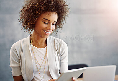 Buy stock photo Smile, tablet and web development with business woman in office for information or research. Design, internet and technology with happy employee in creative workplace for online administration