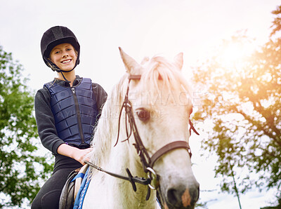 Buy stock photo Portrait, happy woman and horse riding in nature for training, competition and adventure outdoors. Smile, stallion and female jockey on ranch for sport, equestrian or hobby in countryside with animal