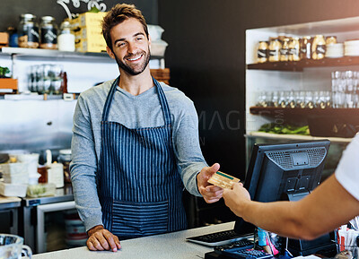 Buy stock photo Coffee shop, waiter and man with credit card in payment for finance, transaction and purchase. Store, employee and smile with cashless banking for customer service, commerce and order at restaurant