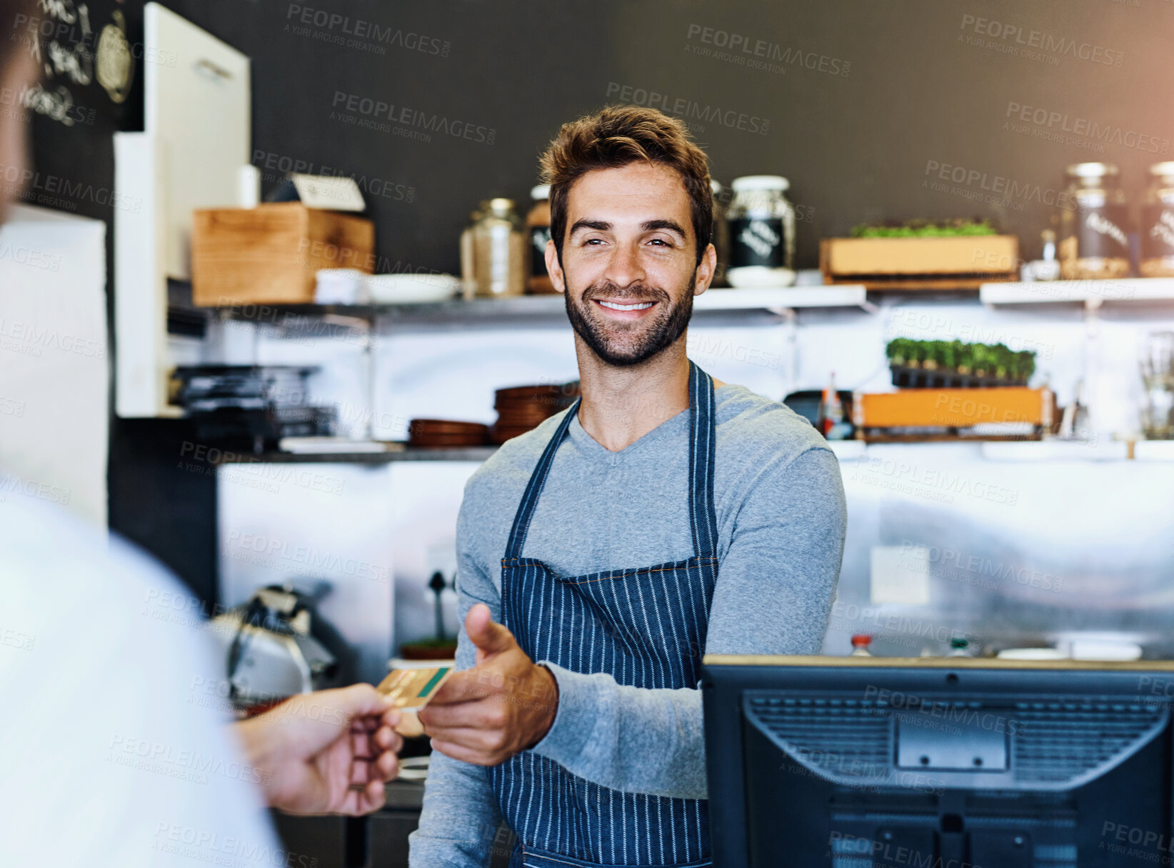 Buy stock photo Coffee shop, cashier and man with credit card in payment for finance, transaction and commerce. Cafe, employee and smile with cashless banking for customer service, purchase and paying at restaurant