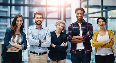 Buy stock photo People, arms crossed and group in portrait at startup for support, pride or confident at office. Men, women and team with smile, diversity or excited for collaboration in workplace at creative agency