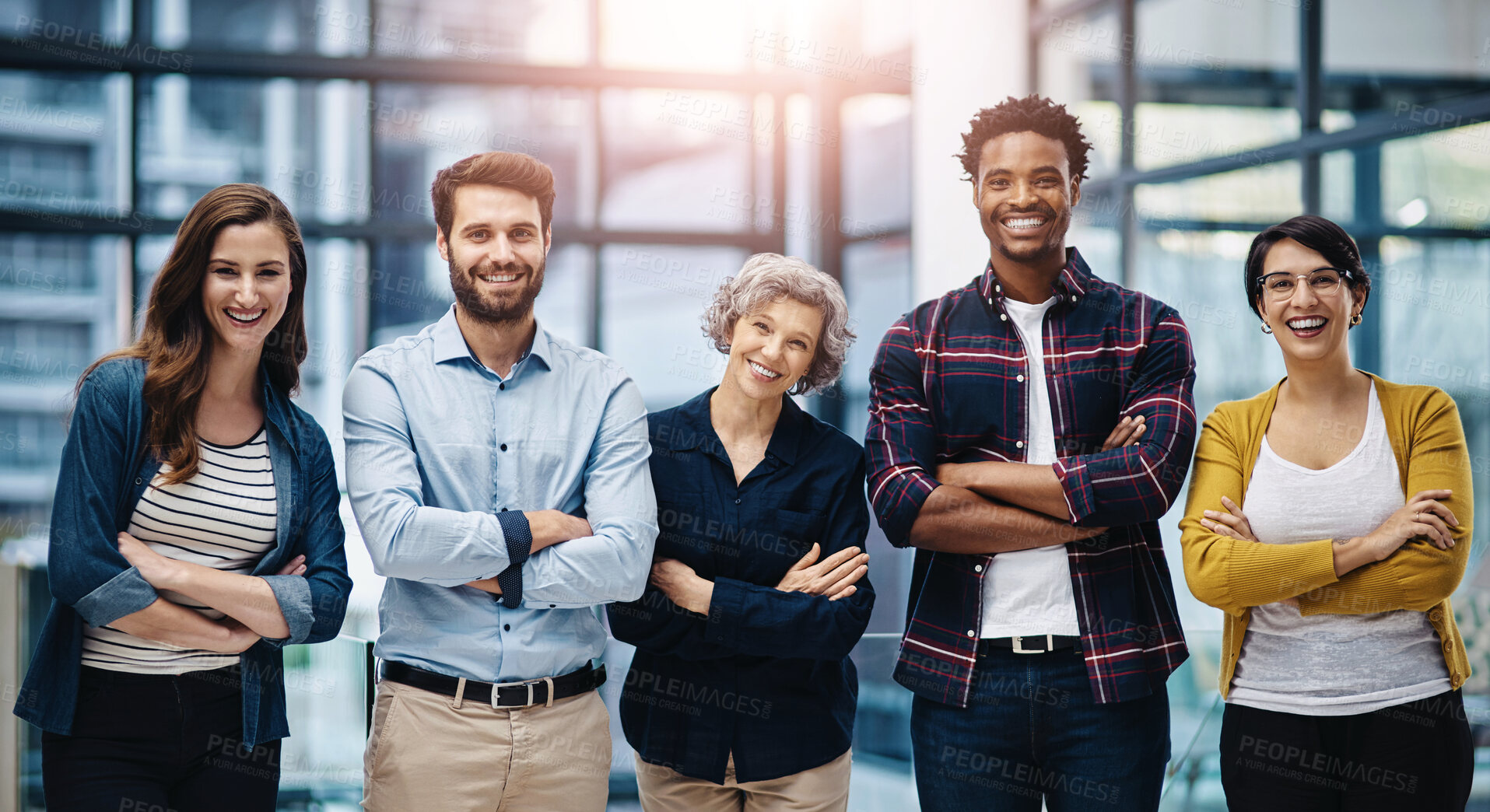 Buy stock photo People, arms crossed and group in portrait at startup for support, pride or confident at office. Men, women and team with smile, diversity or excited for collaboration in workplace at creative agency