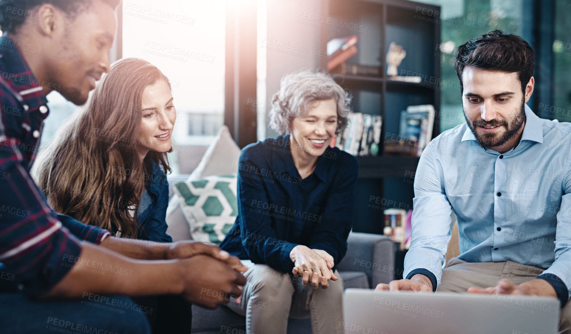 Buy stock photo Collaboration, laptop and meeting with business people in office lounge for discussion or planning. Computer, project management or training with employee team in workplace for upskill development