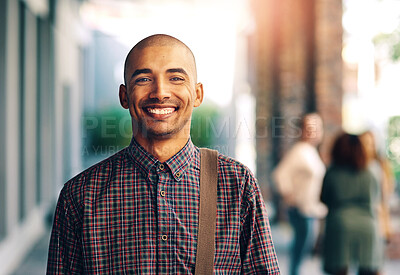 Buy stock photo Happy, business man ON street and portrait with smile or travel to workplace at media company in city. Employee, person and metro sidewalk for commute in morning to creative agency in Mexico