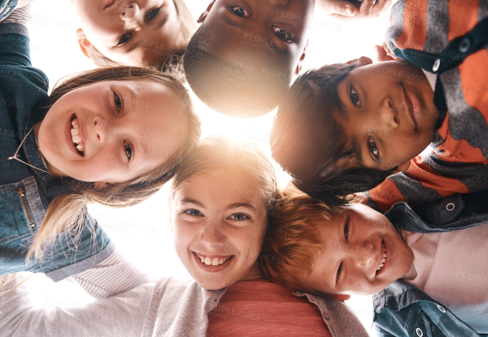 Buy stock photo Park, happy and portrait of children in circle for friendship, community and playing together outdoors. Diversity, childhood and low angle of girls and boys for youth, child development and education