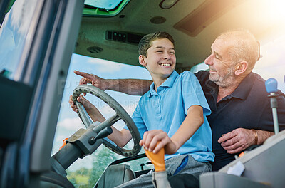Buy stock photo Driving, child and father in tractor for farming or construction with smile, fun together and point for direction. Happy, mature man and boy in truck for bonding, development and learning experience