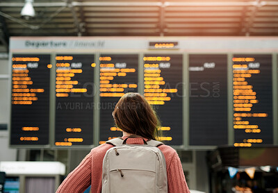 Buy stock photo Woman, back and airport with flight schedule on board with information display for global immigration. Person, backpack and international travel with digital time table on screen, location or arrival