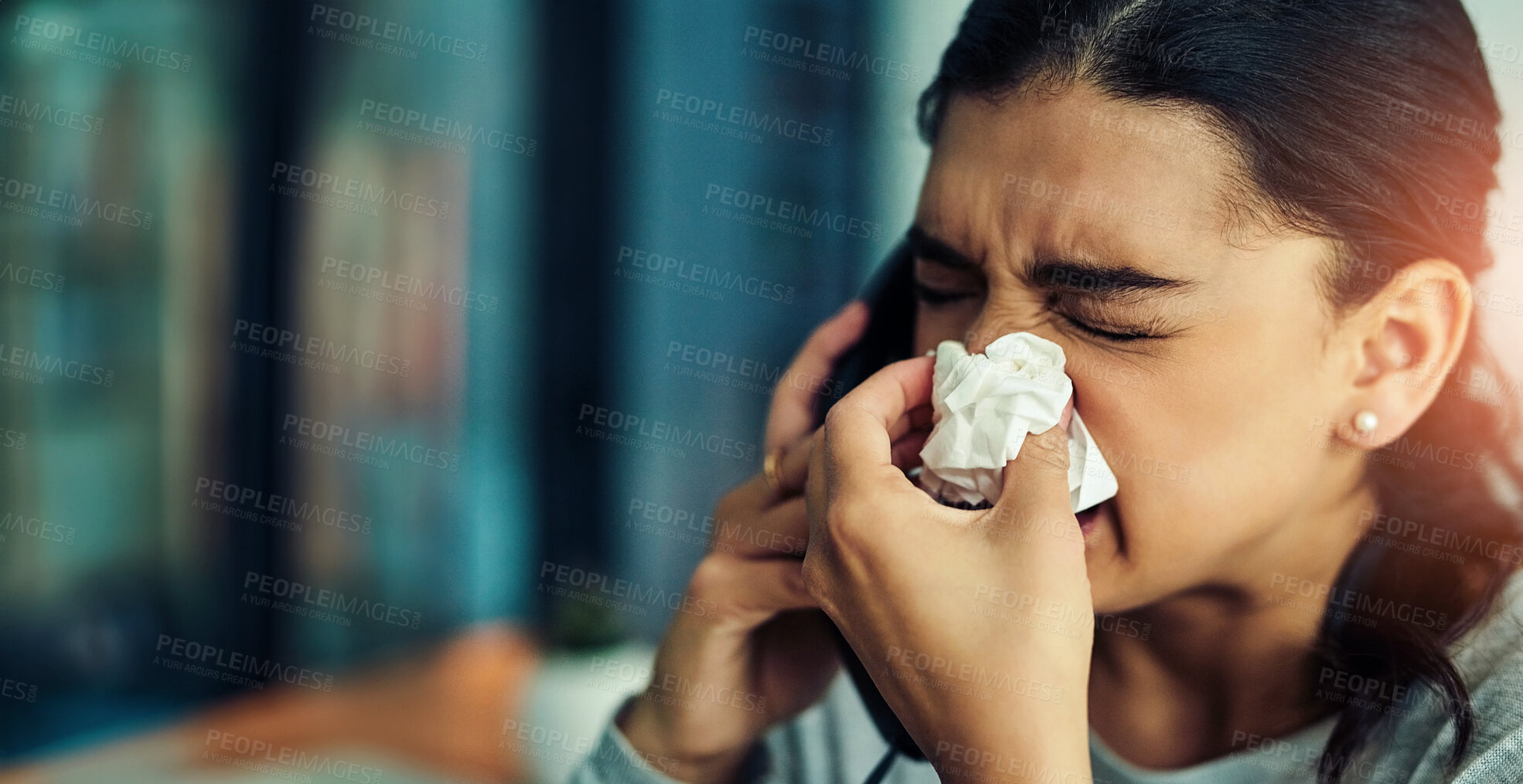 Buy stock photo Sick, phone call and woman blowing nose with tissue for flu, cold or covid virus in office. Sneeze, allergy and female person on mobile conversation for telehealth communication with sinus or illness