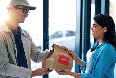 Buy stock photo Food, delivery man and woman with package, smile and logistics with takeaway order for online shopping. People, employee and customer with parcel, ecommerce and paper bag for product and item