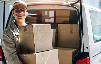 Buy stock photo Portrait, van and delivery man with boxes as package, courier and order with smile. Happy, employee and logistics on vehicle or car with parcel for shipment, stock and cargo with transportation