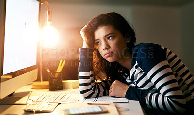 Buy stock photo Studying, bored and girl with computer, night and learning for exam, online and exhausted of research. Tired, college student and digital for answers of test, paper and person with bulb in home