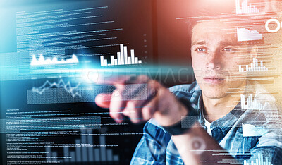 Buy stock photo Thinking, man and finance in office with hologram, choice and selection on graph. Technology, overlay and businessman with decision on charts, data and information for economy, trading and investment