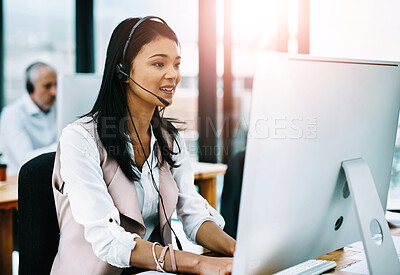 Buy stock photo Business woman, telemarketing and computer work with call center, crm and online support in office. Customer service, consultation and digital communication with help desk advisor and web consultant