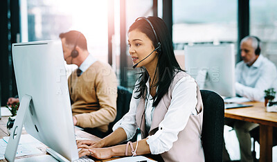 Buy stock photo Business woman, call center and computer with talking, coworking and online support in office. Customer service, consultation and digital communication with help desk advisor and web consultant