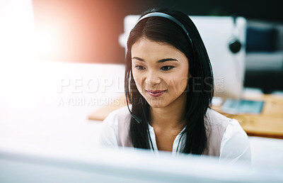 Buy stock photo Business woman, telemarketing and computer with call center, crm and online support in office. Customer service, consultation and digital communication with help desk advisor and web consultant