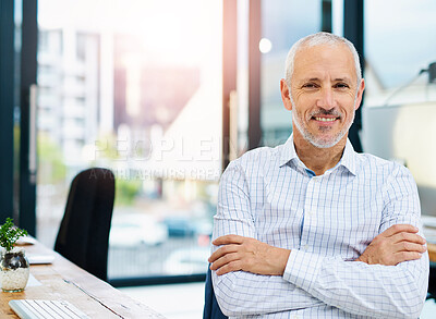Buy stock photo Business man, arms crossed and mature portrait in office with career confidence of corporate CEO. Happy, smile and desk with labor lawyer, advocate and pride at law firm ready for working at company