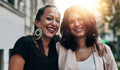 Buy stock photo Happy, women and portrait with travel in city for outdoor adventure, vacation or bonding together. People, sisters and smile with hug for sibling love, holiday or tourism on weekend trip in Amsterdam