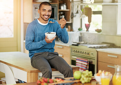 Buy stock photo Portrait, man and happy with bowl of fruit in kitchen for breakfast and healthy meal. Home, morning and smile with eating snack for nutrition, diet and food for wellness, self care and wellbeing