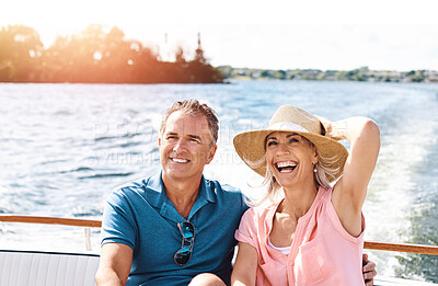 Buy stock photo Boat, sailing and smile with mature couple at sea together for holiday, getaway or vacation for anniversary. Love, travel or yacht with happy man and woman on cruise for bonding, romance or voyage