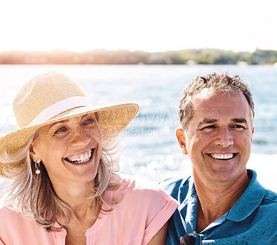 Buy stock photo Travel, mature or happy couple on boat with love for summer vacation, sailing or adventure journey in ocean. Smile, man and woman relax on yacht cruise, anniversary celebration or outdoor date at sea