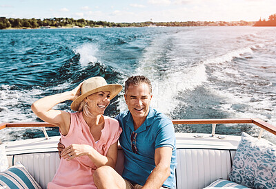 Buy stock photo Mature couple, hug and boat cruise for holiday, travel or retirement on ocean sailing with relax. Man, woman and happy on luxury yacht at sea for love, vacation or tropical adventure by Bahamas