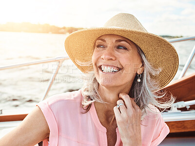 Buy stock photo Mature woman, boat and travel with thinking for retirement, smile on water cruise for future plan. Female person, yacht or thoughtful for pension goal and summer vacation with adventure trip in Bali