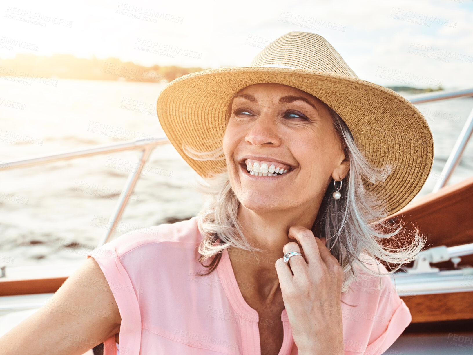 Buy stock photo Mature woman, boat and travel with thinking for retirement, smile on water cruise for future plan. Female person, yacht or thoughtful for pension goal and summer vacation with adventure trip in Bali