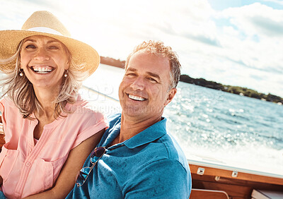 Buy stock photo Mature couple, portrait and luxury cruise for holiday, travel or retirement on ocean boat sailing with relax. Man, woman and happy on yacht at sea for love, vacation or tropical adventure by Bahamas