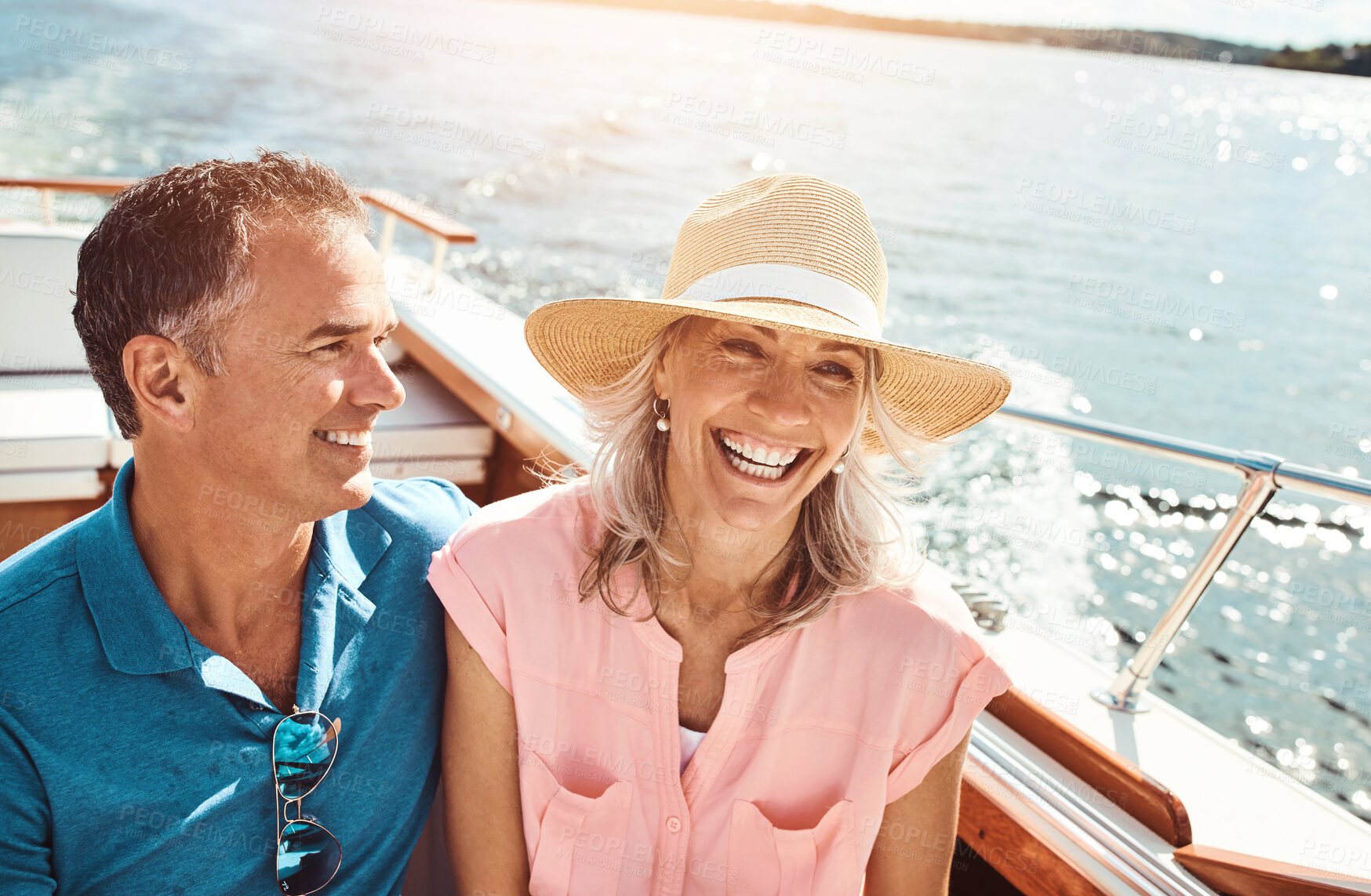 Buy stock photo Man, woman and retirement on yacht for freedom, vacation or tropical adventure by Bahamas. Mature couple, love and luxury cruise for holiday, travel or anniversary on ocean boat sailing with relax