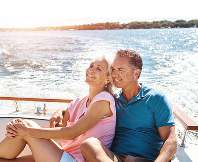 Buy stock photo Man, woman and retirement on boat cruise for travel, vacation and tropical adventure in Bahamas. Mature couple, love and luxury yacht for holiday, getaway and anniversary on ocean sailing to relax